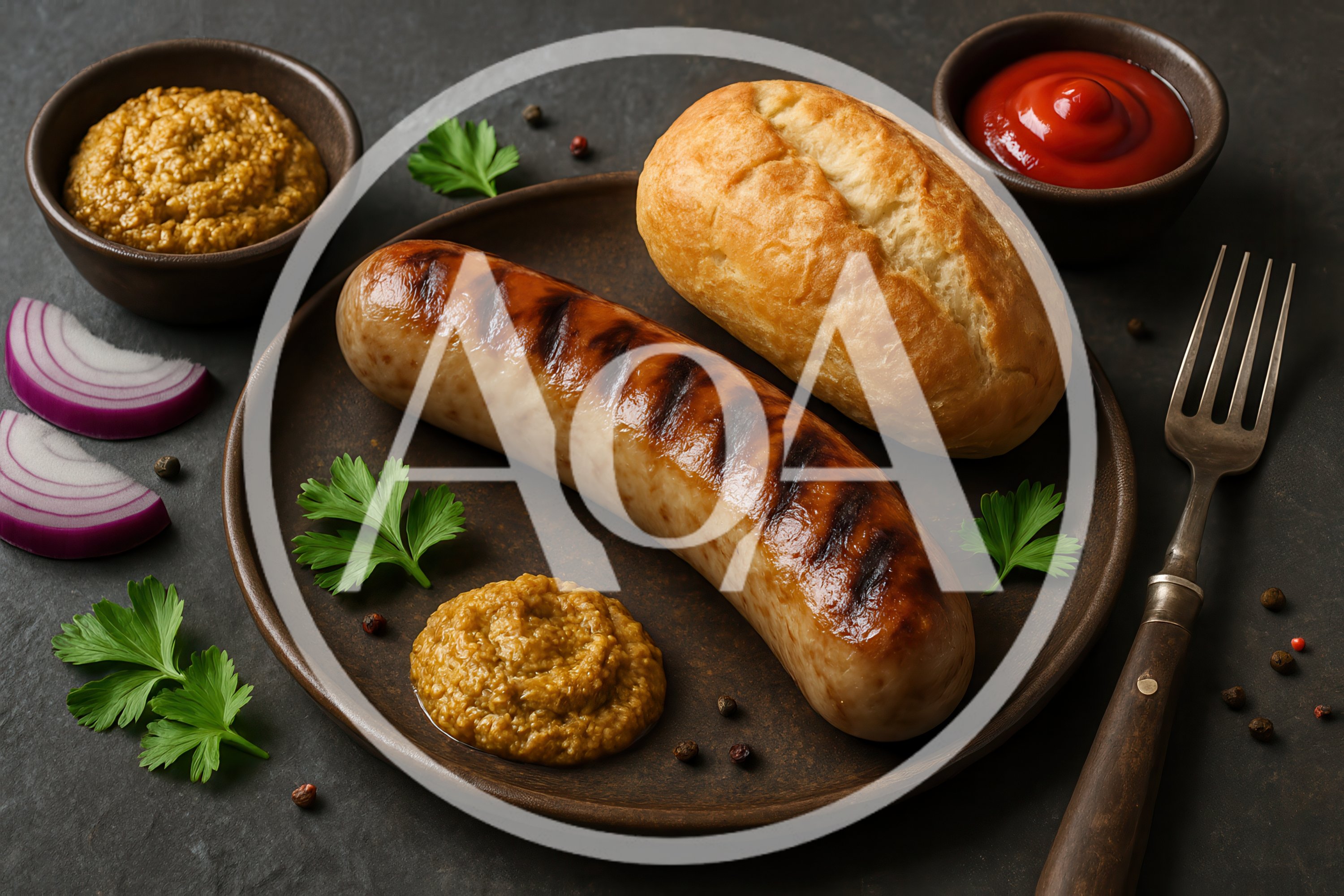 Grilled Sausage With Bread And Condiments On A Plate