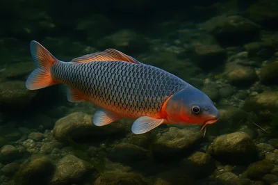 Common Carp Swimming Underwater In A Clear River