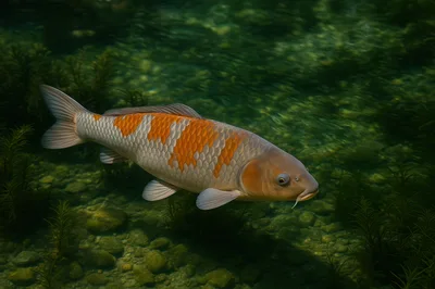 Koi Fish Swimming In Clear Pond Water