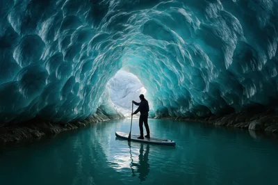 Person Stand Up Paddleboarding Inside A Blue Ice Cave