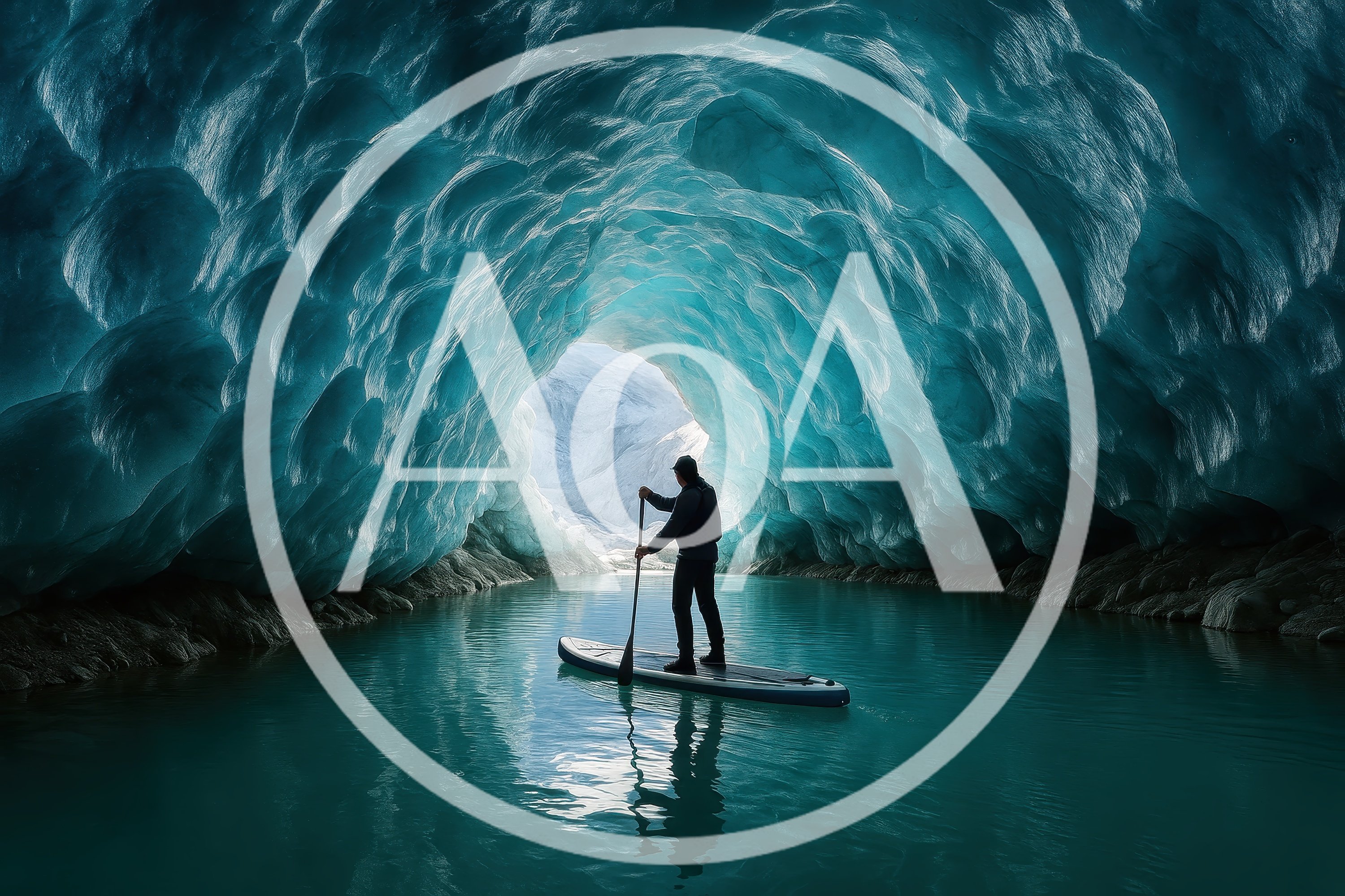 Person Stand Up Paddleboarding Inside A Blue Ice Cave