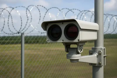 Security Camera Mounted On A Pole With Barbed Wire