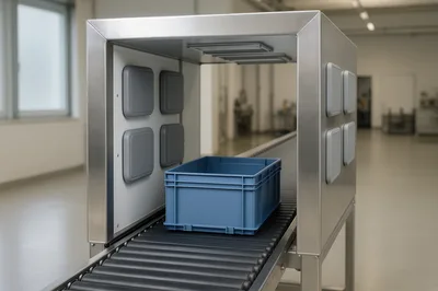 Industrial Conveyor Belt With Blue Plastic Crate