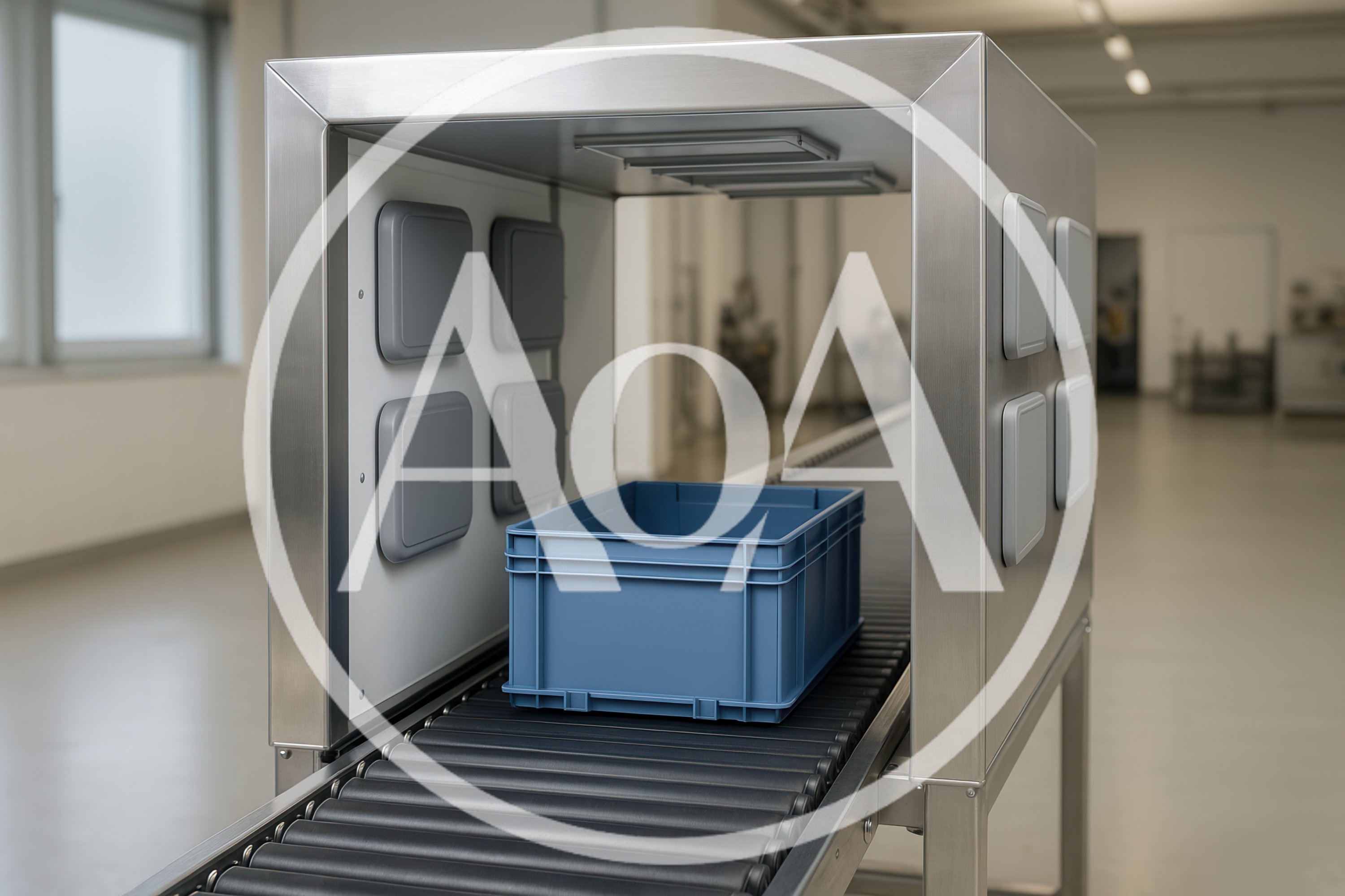 Industrial Conveyor Belt With Blue Plastic Crate