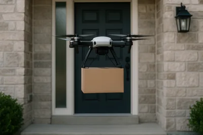 Delivery Drone Carrying Package To Front Door
