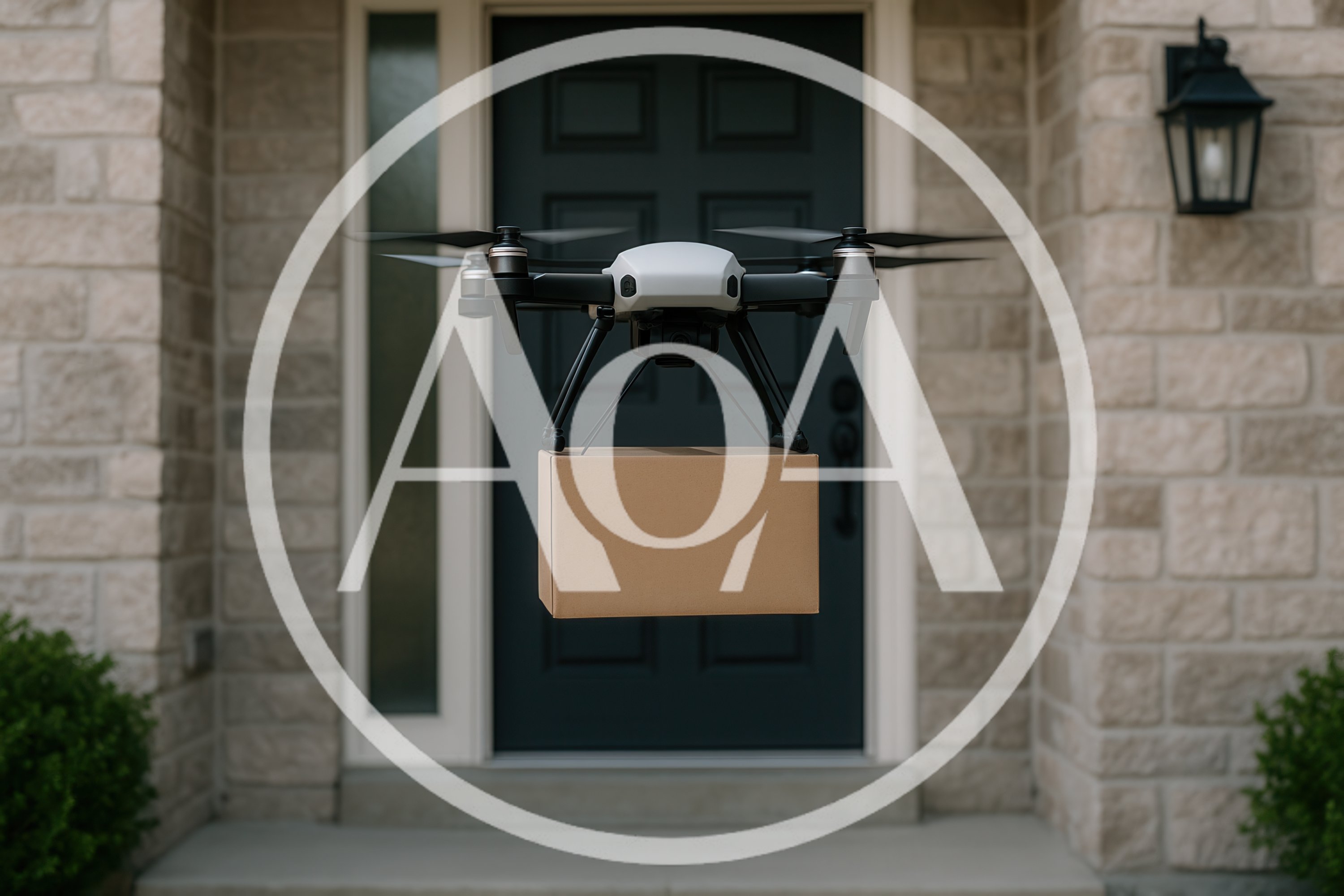 Delivery Drone Carrying Package To Front Door