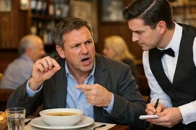 Angry Customer Complaining To Waiter About Hair In Soup