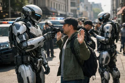 Futuristic Robot Police Officer Interrogating A Civilian