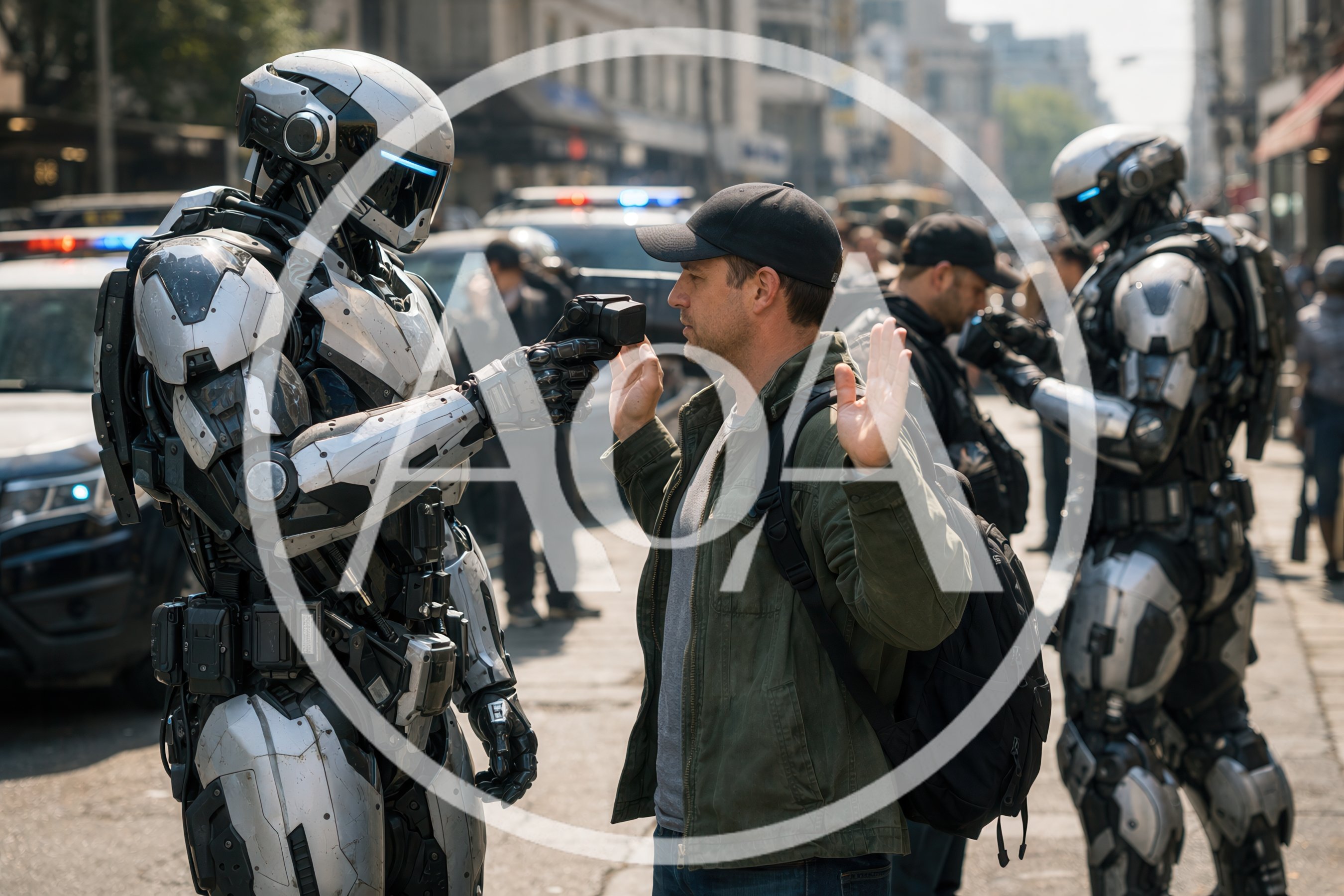 Futuristic Robot Police Officer Interrogating A Civilian