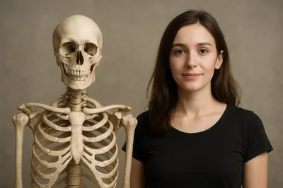 Young Woman Standing Beside A Human Skeleton Model
