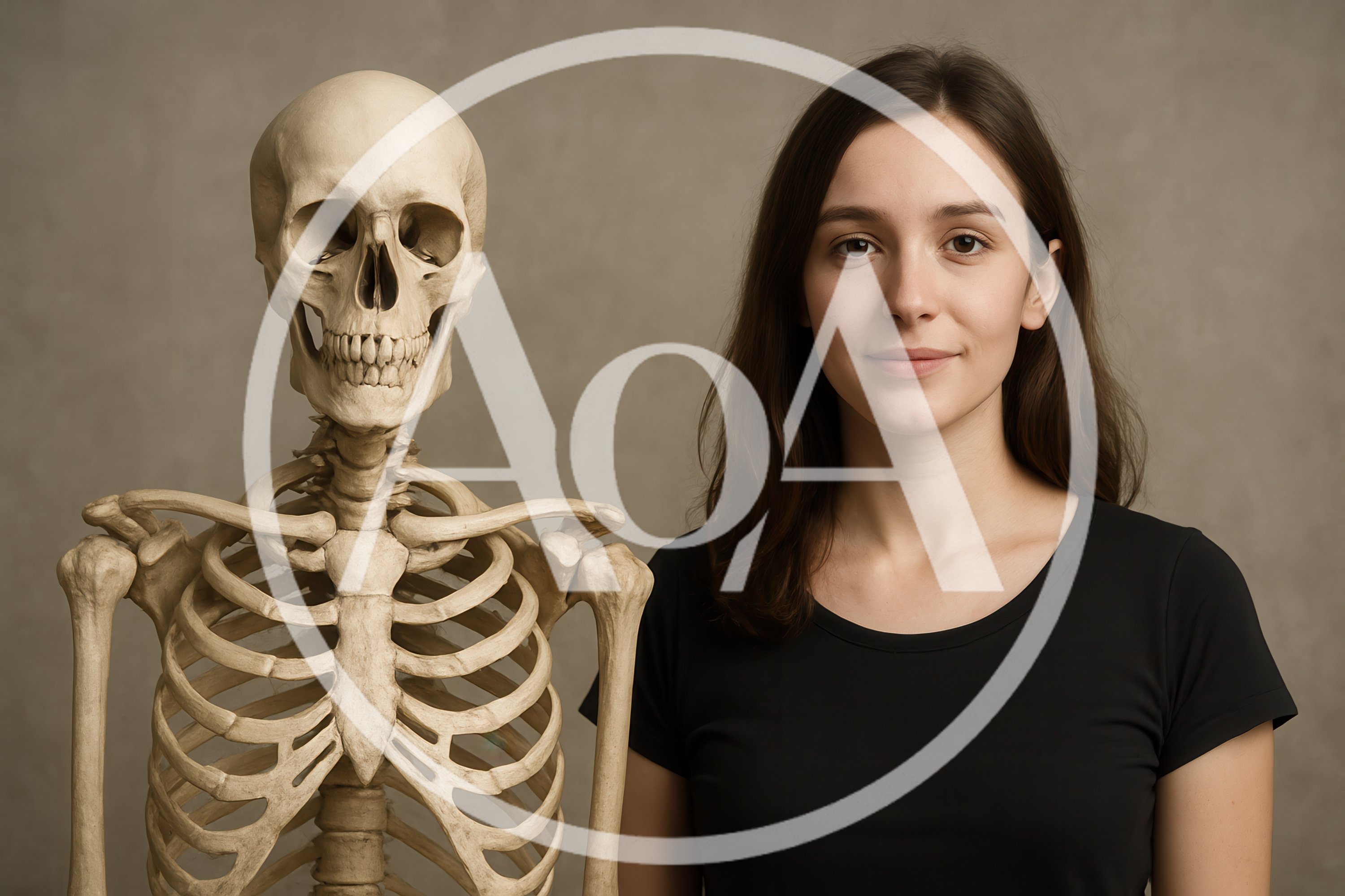 Young Woman Standing Beside A Human Skeleton Model