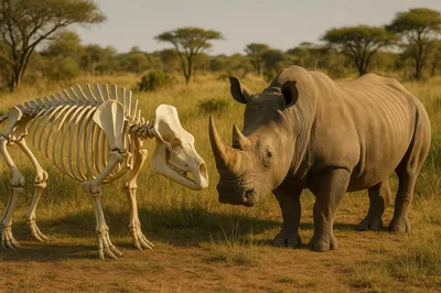Rhino Standing Beside Its Own Skeleton In The Savannah