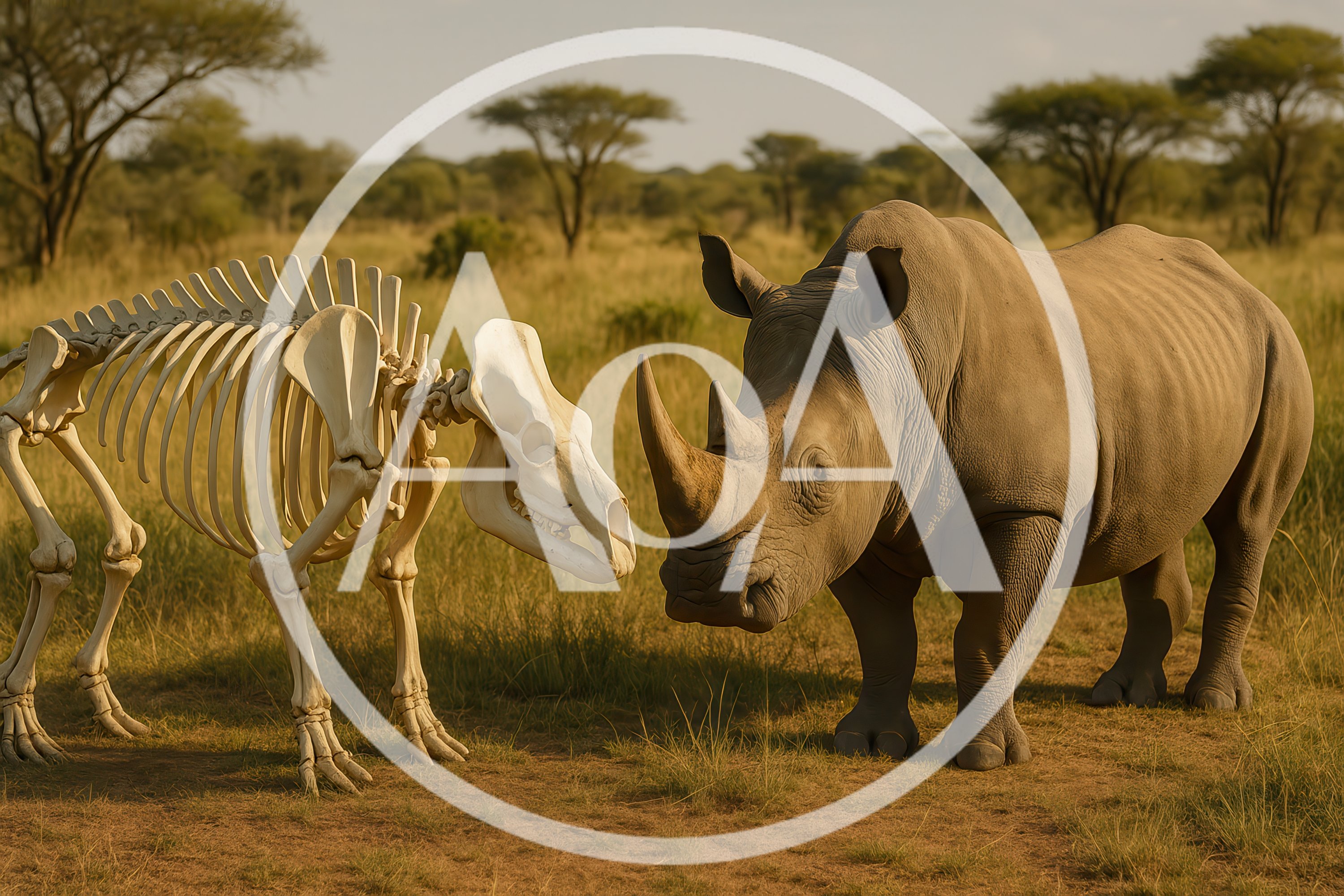 Rhino Standing Beside Its Own Skeleton In The Savannah