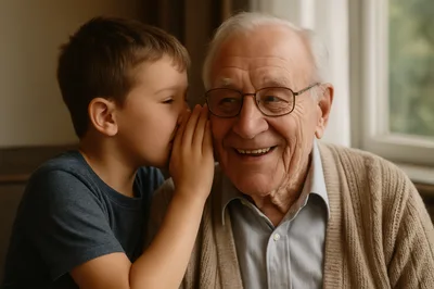 Young Boy Whispering A Secret To His Grandfather