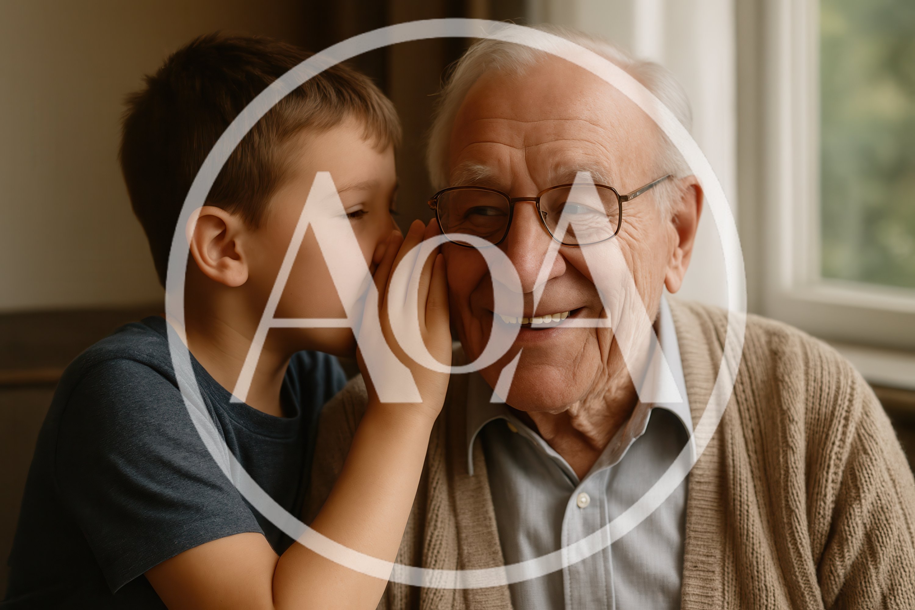 Young Boy Whispering A Secret To His Grandfather