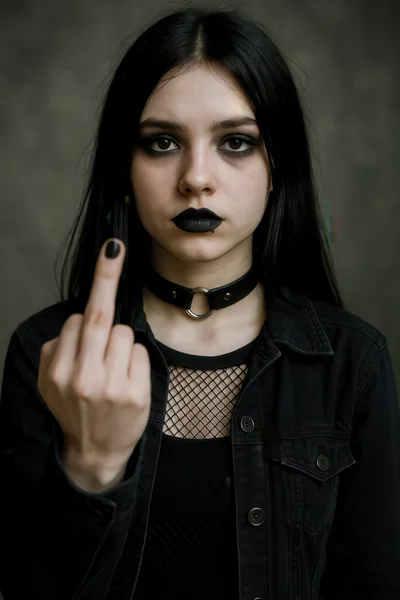 Goth Woman Giving The Middle Finger Gesture