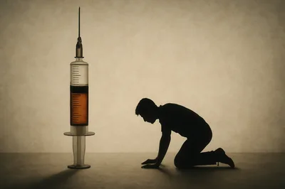 Silhouette Of A Man Kneeling Before A Giant Syringe