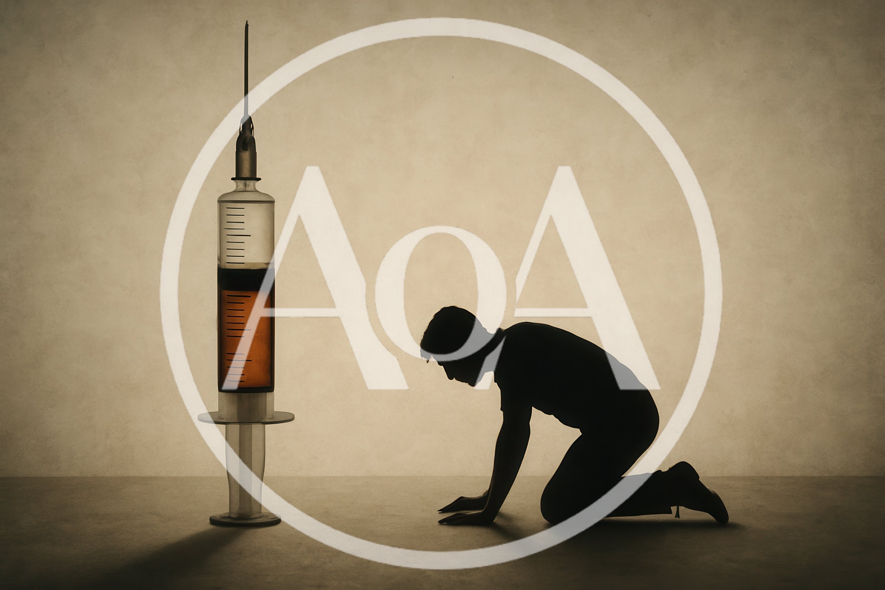 Silhouette Of A Man Kneeling Before A Giant Syringe