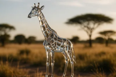 Glass Giraffe Sculpture In African Savanna
