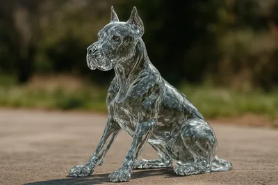 Transparent Glass Great Dane Statue Sitting Outdoors