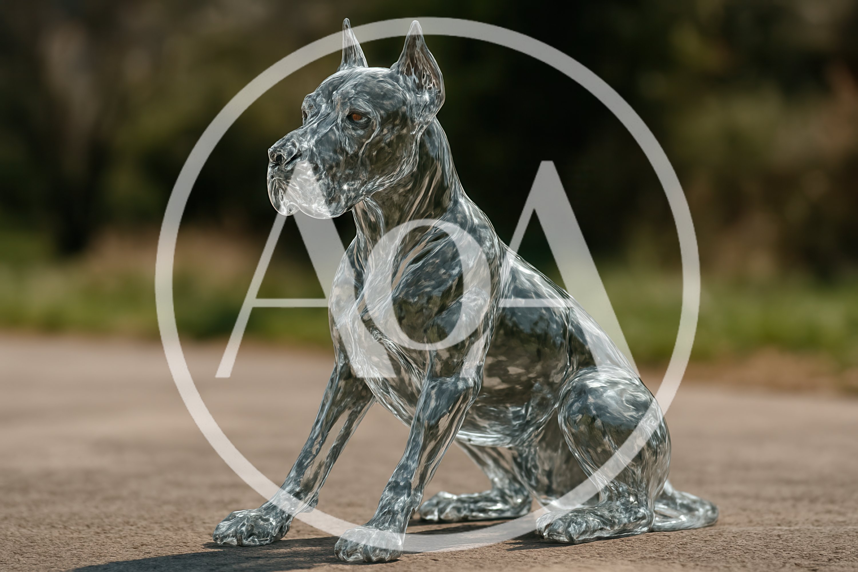 Transparent Glass Great Dane Statue Sitting Outdoors