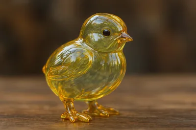 Yellow Glass Chick Figurine on Wooden Surface