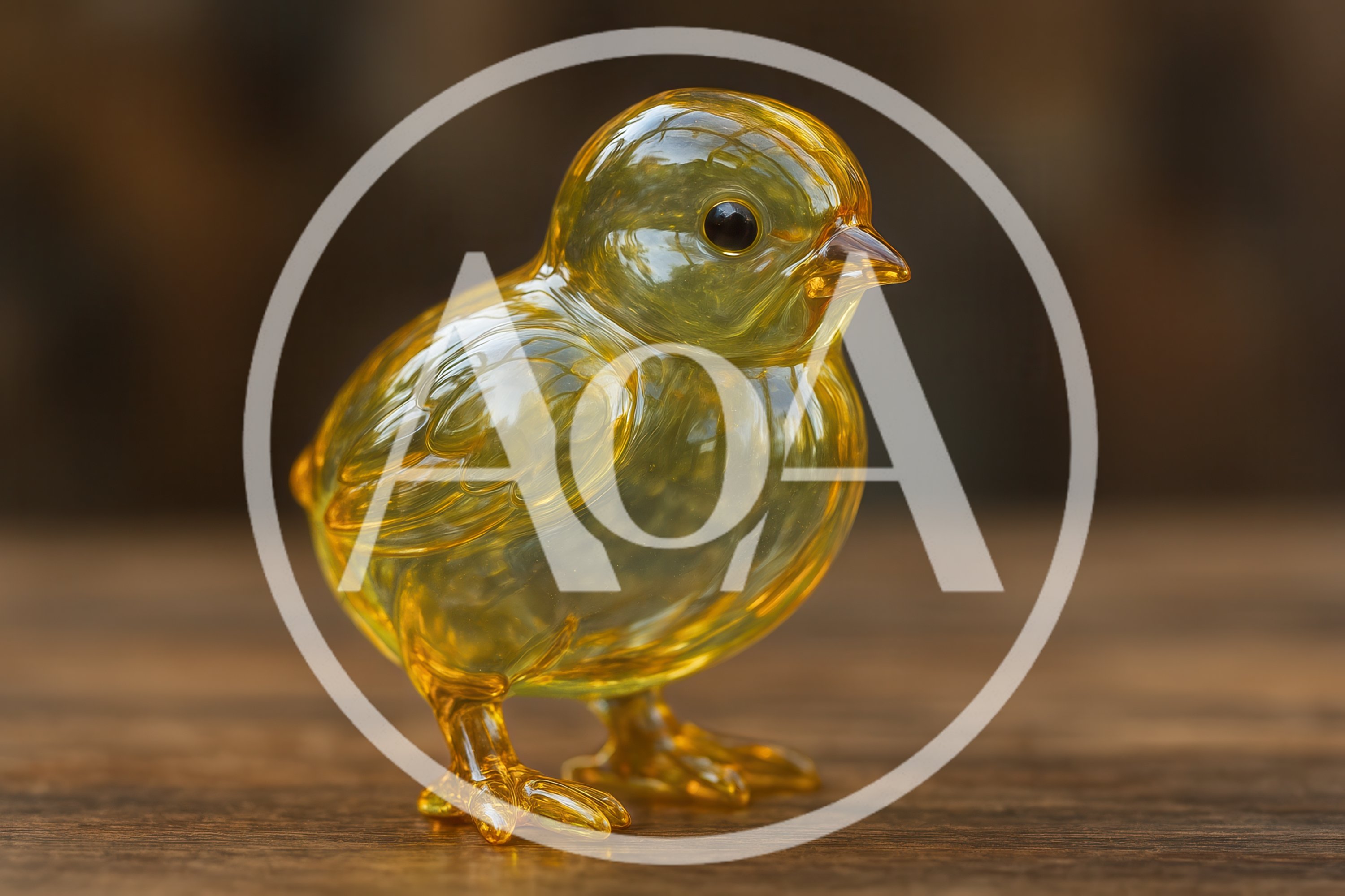 Yellow Glass Chick Figurine on Wooden Surface