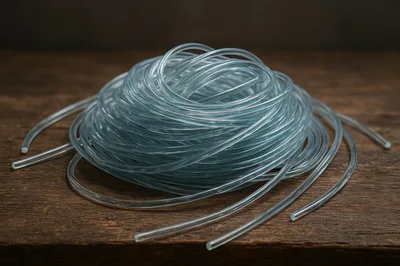 Coiled Clear Plastic Tubing On Wooden Surface
