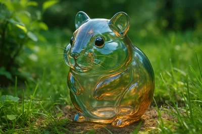 Glass Hamster Figurine In A Lush Green Garden