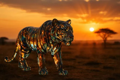 Glass Tiger Sculpture Standing In African Savanna Sunset