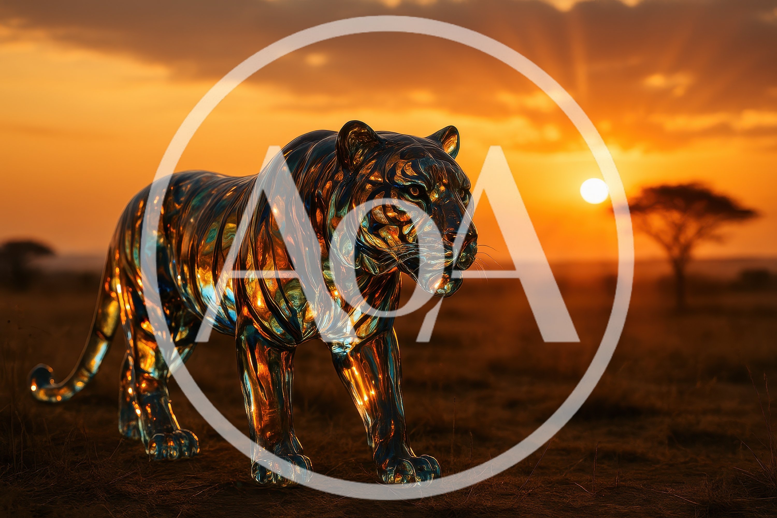 Glass Tiger Sculpture Standing In African Savanna Sunset