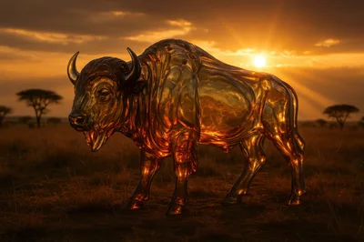 Golden Glass Bison Statue In African Savannah Sunset