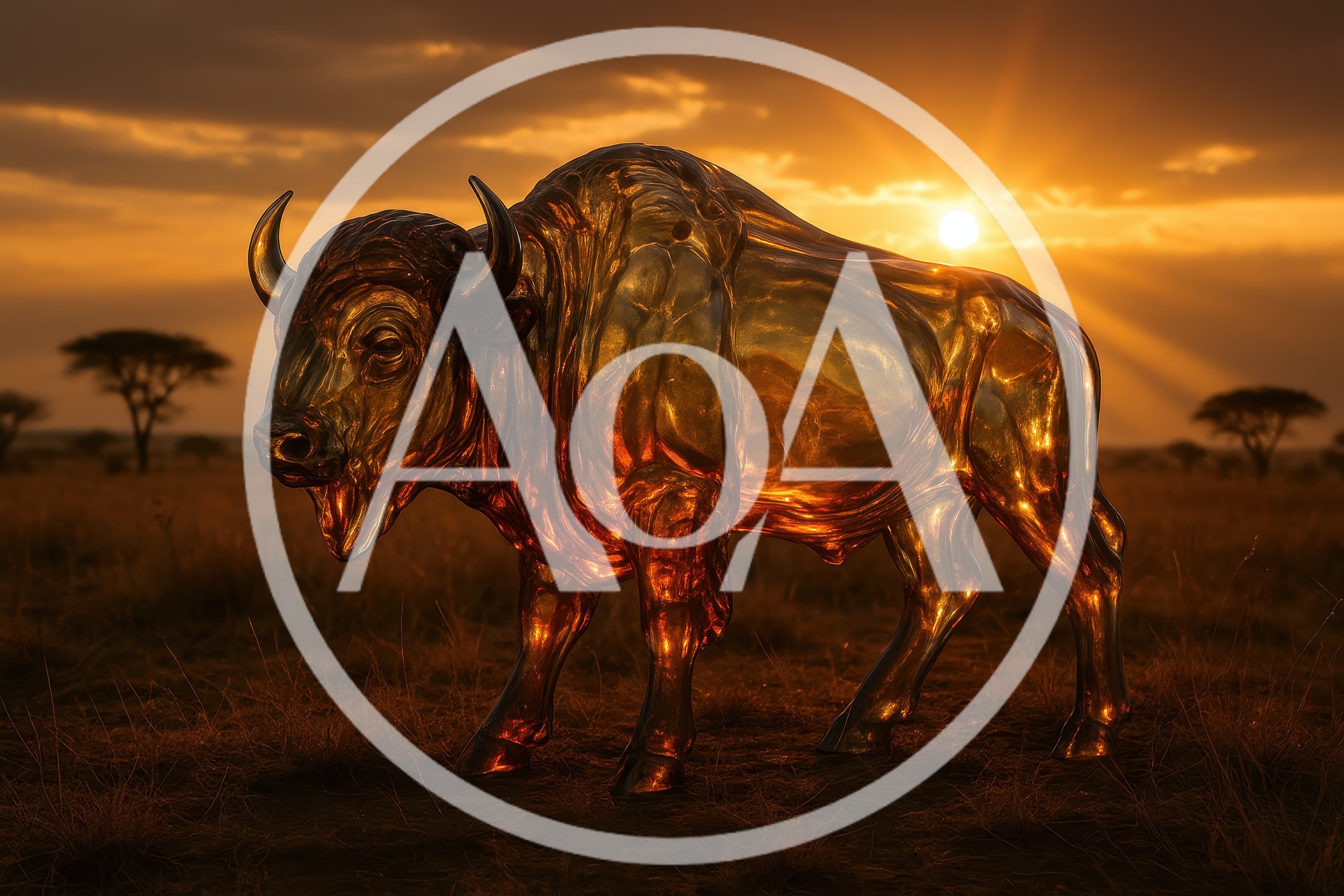 Golden Glass Bison Statue In African Savannah Sunset
