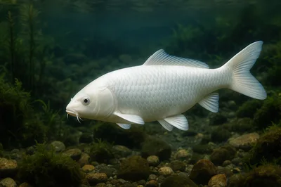 White Koi Fish Swimming In Clear Underwater Pond