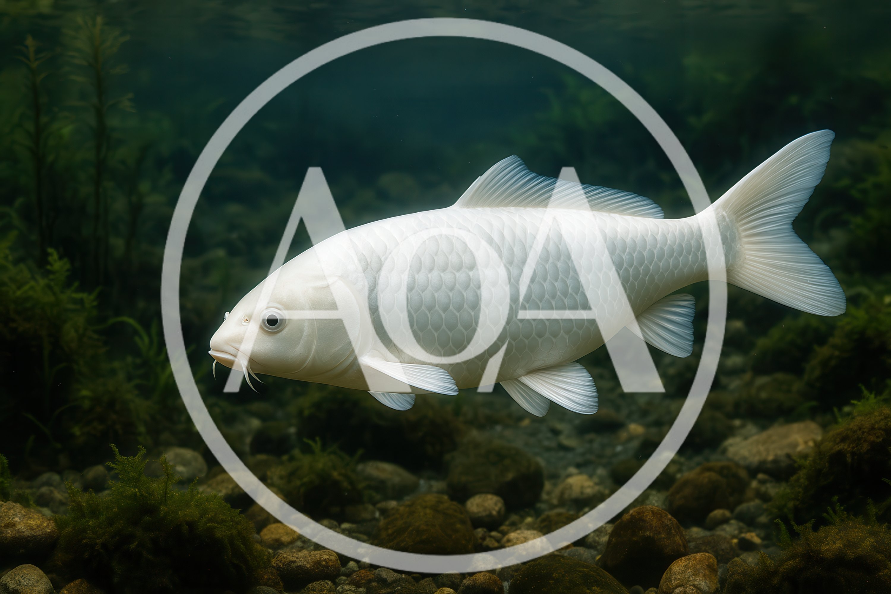 White Koi Fish Swimming In Clear Underwater Pond