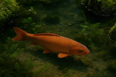 Orange Koi Fish Swimming in a Clear Pond