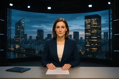 Female News Anchor Presenting In A Modern Studio