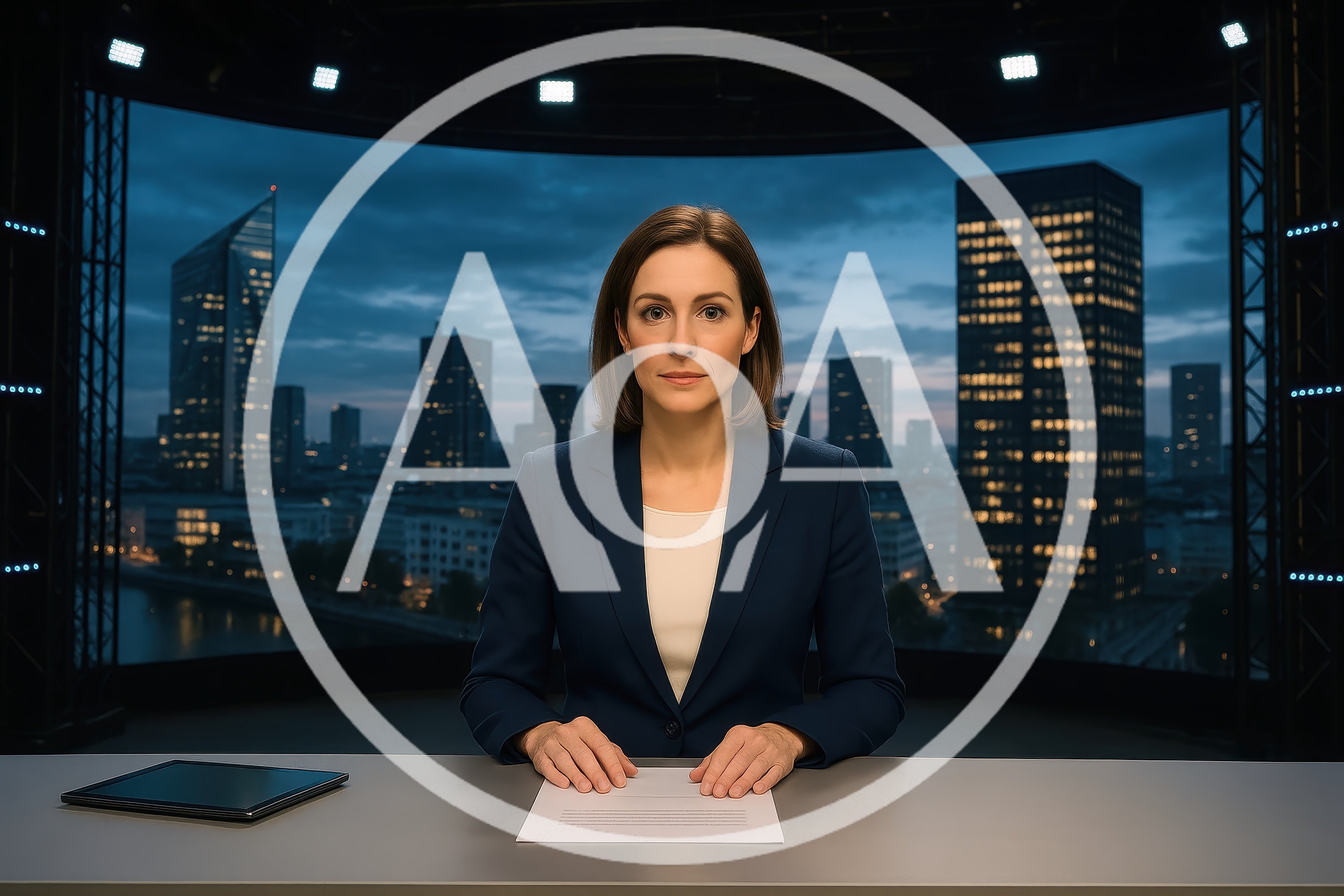 Female News Anchor Presenting In A Modern Studio