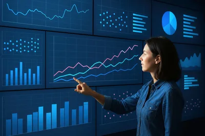 Businesswoman Interacting With Digital Data Visualization Dashboard