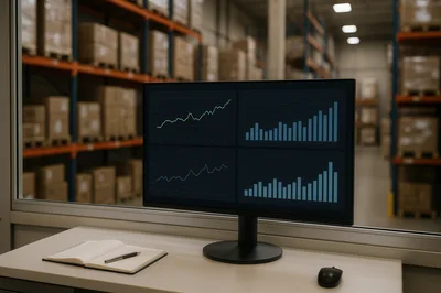 Warehouse Office Monitor Displaying Data Analytics Dashboard