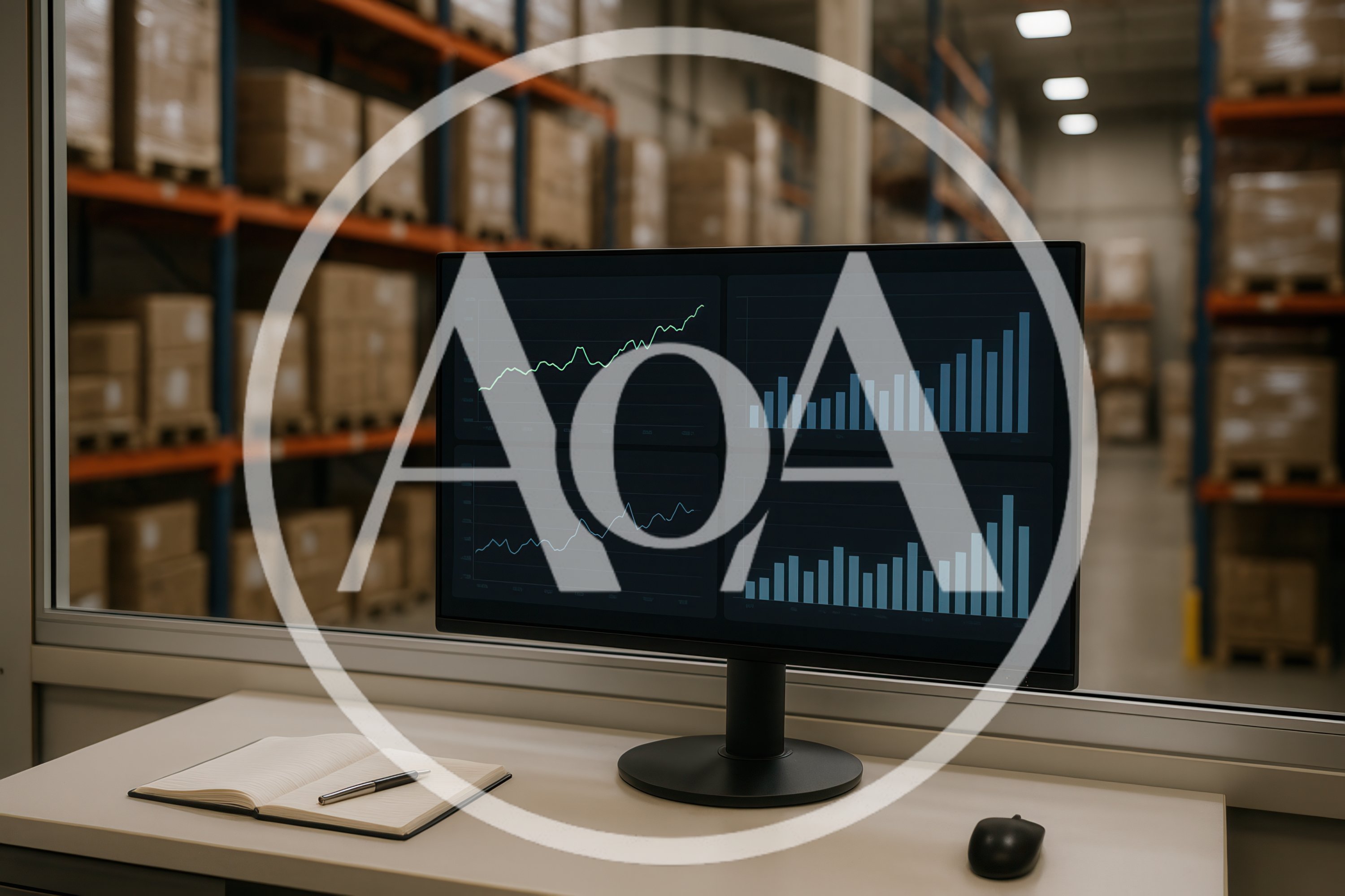 Warehouse Office Monitor Displaying Data Analytics Dashboard