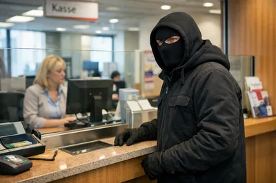 Bank Robber Wearing Balaclava At Teller Counter