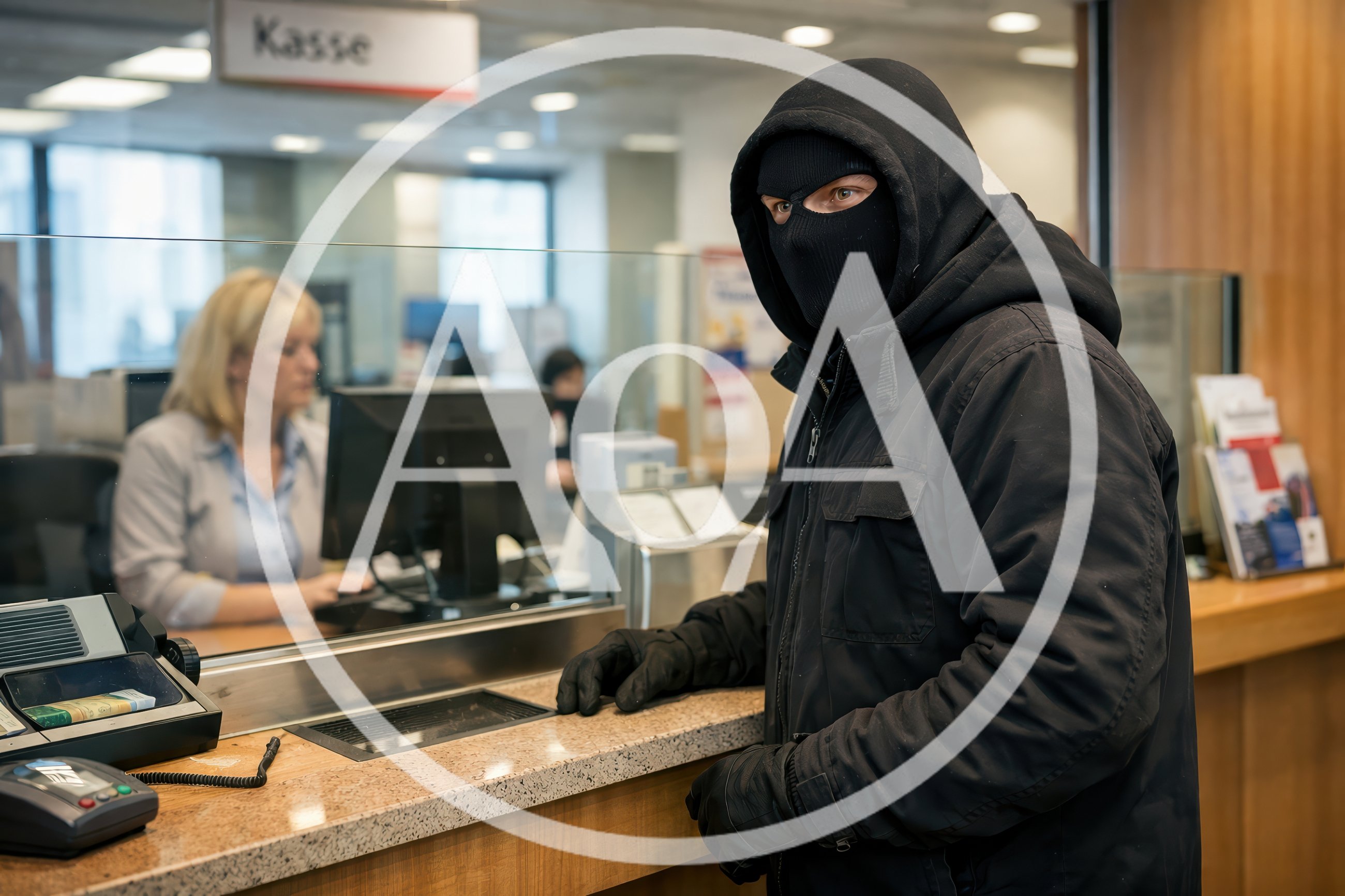 Bank Robber Wearing Balaclava At Teller Counter