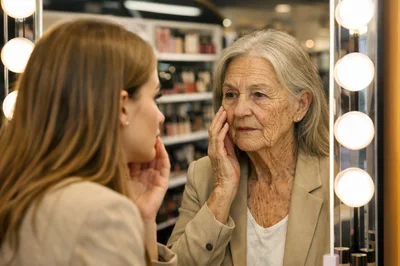 Young Woman Looking At Her Elderly Reflection In Mirror