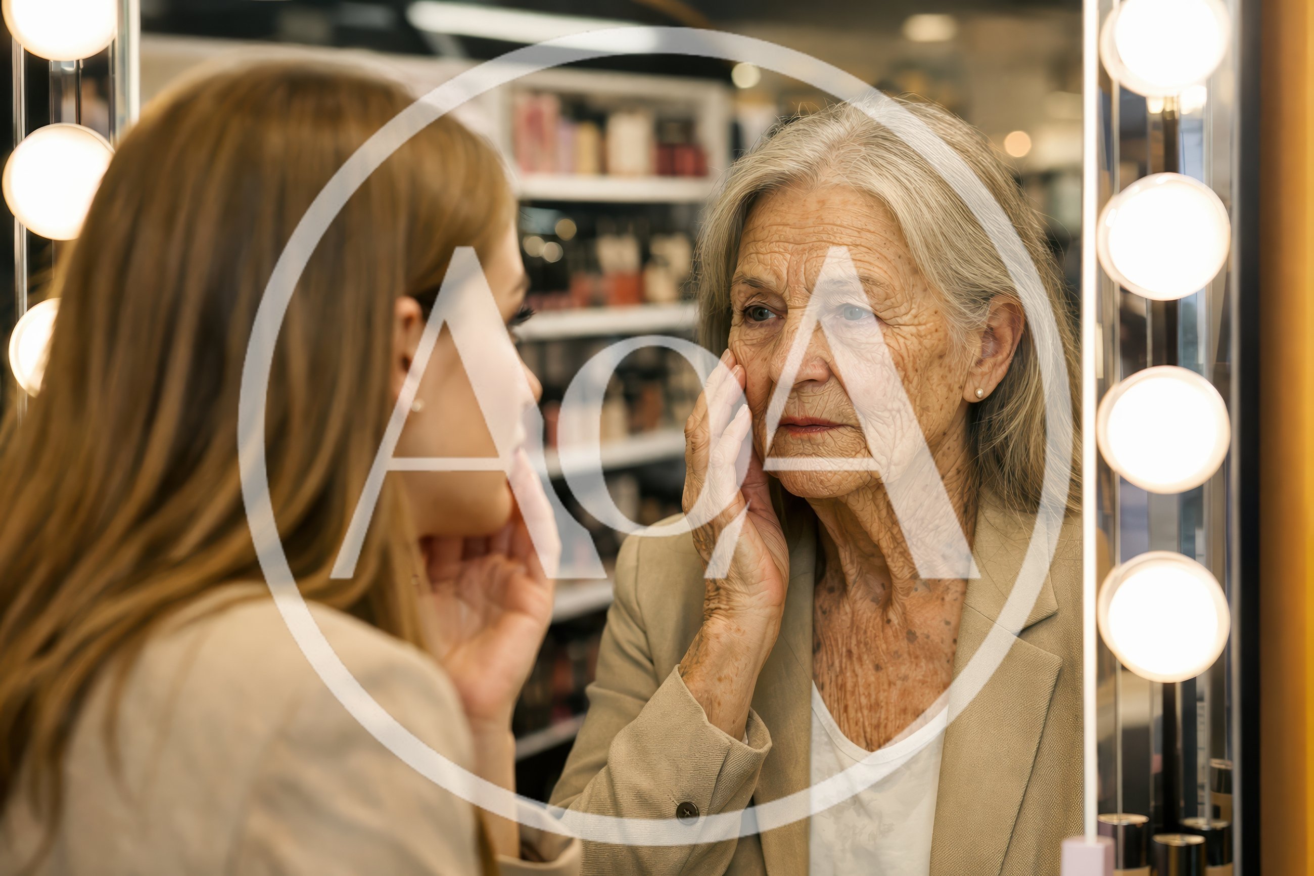 Young Woman Looking At Her Elderly Reflection In Mirror