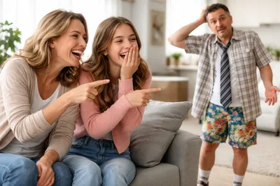 Mother and Daughter Laughing at Confused Man
