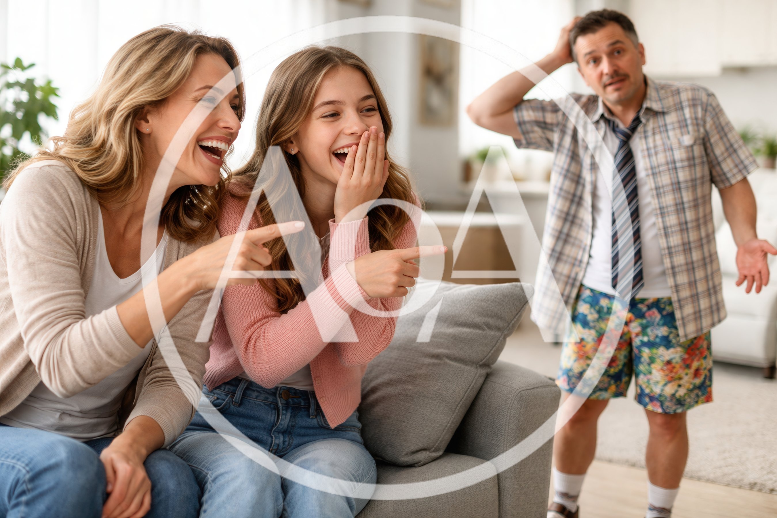 Mother and Daughter Laughing at Confused Man