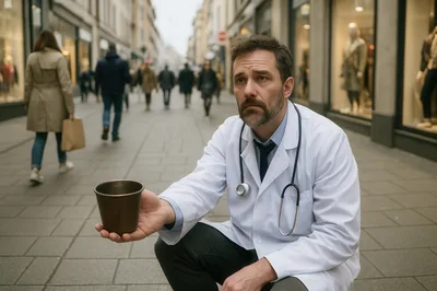 Struggling Doctor Begging For Money On City Street
