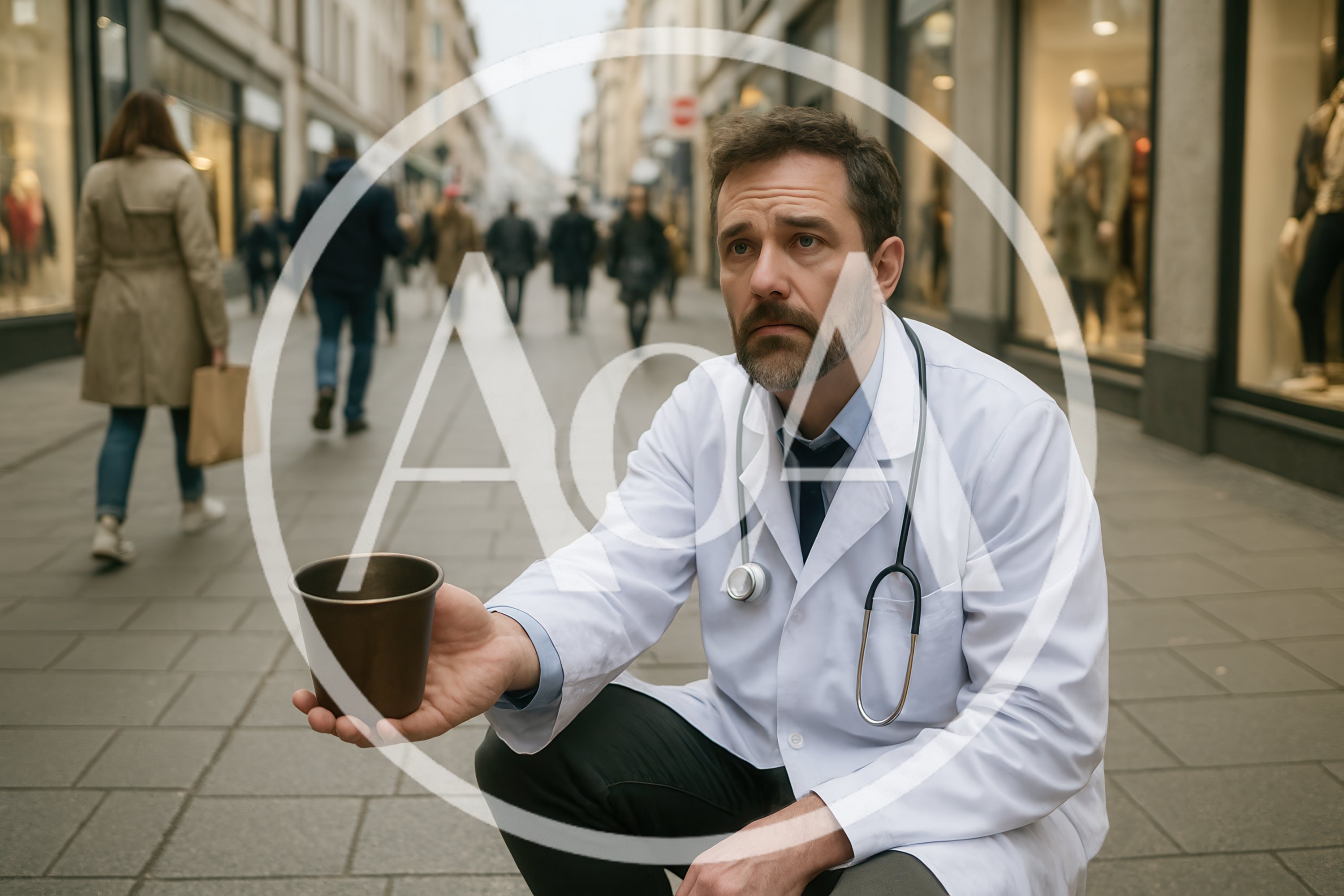 Struggling Doctor Begging For Money On City Street