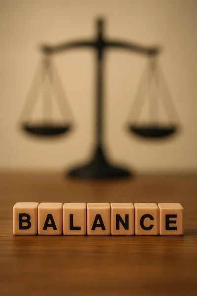 Wooden Blocks Spelling Balance With Blurred Scales Of Justice